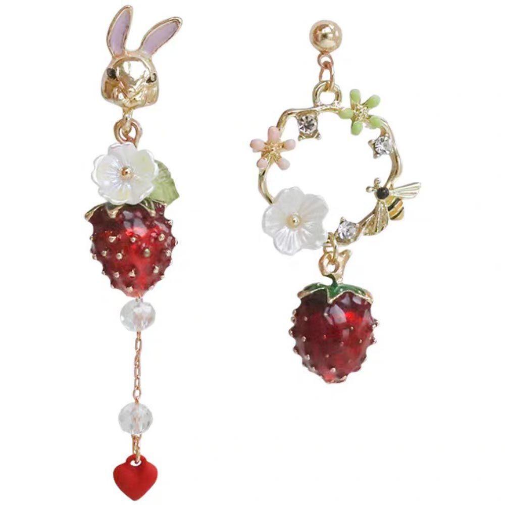 Mxbeauty Anting Menjuntai Wanita Trendi Vintage Asimetris Strawberry Rabbit Drop Earrings