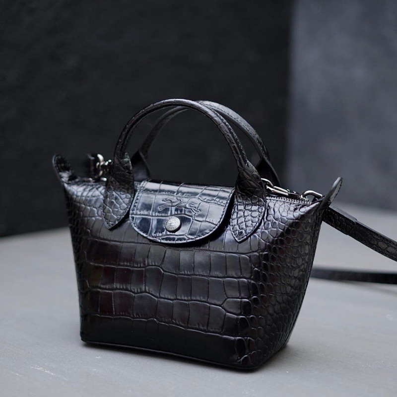 Authentic Longchamp le pliage cuir top handle mini bag croco