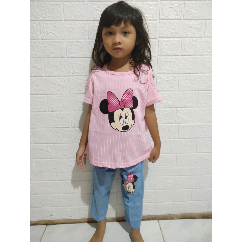 VISION ONLINE-ST STRIPY MINNIE PINKY// SATU SETELAN BAJU DAN CELANA DENIM ANAK PEREMPUAN 1 2 3 4 THN