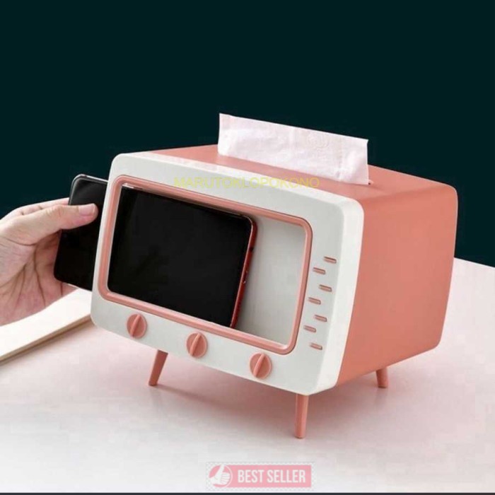 Phone Holder Kotak Tissue warna merah muda putih model TV jadul