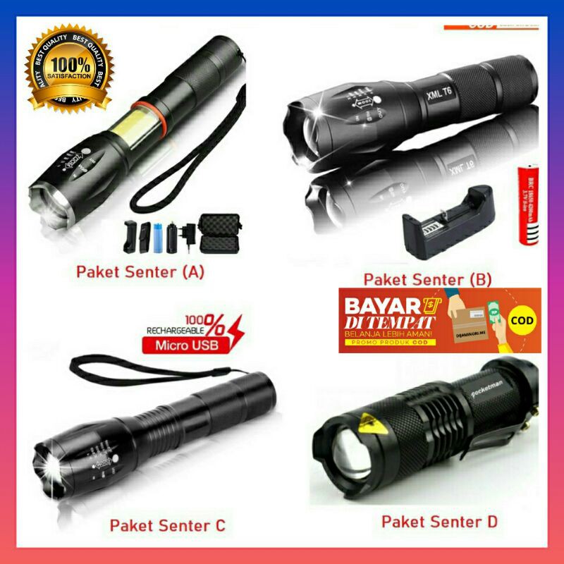 PAKET KOMPLIT SENTER LED SWAT POLICE SUPER TERANG 2000-10000 LUMENS  SENTER LED CAS USB BATRE CARGER