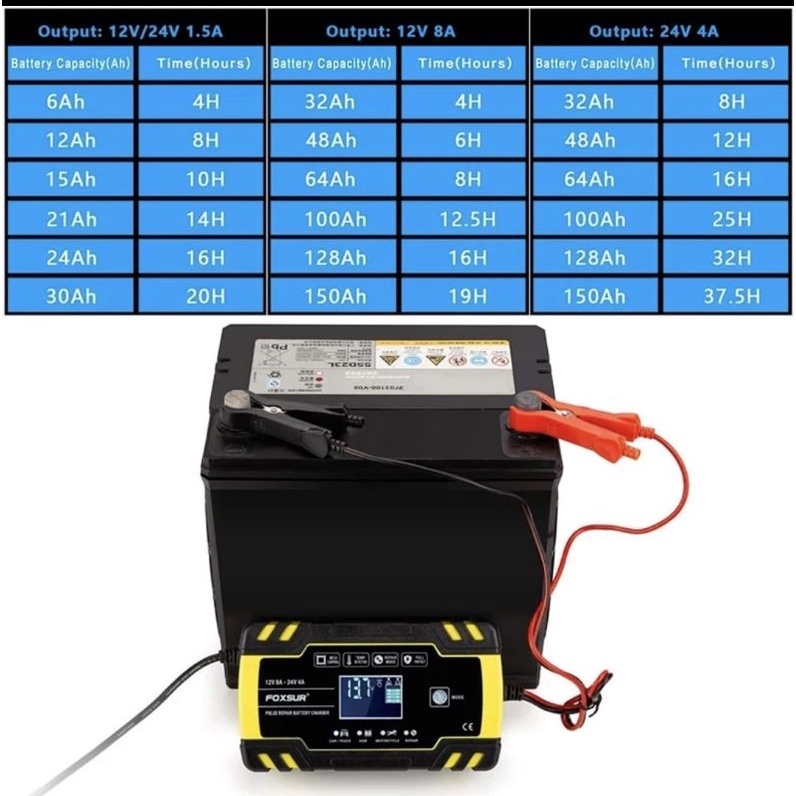 charger Accu cass aki Foxsur 12V 24V 8A Motor Mobil repair battery auto smart charging