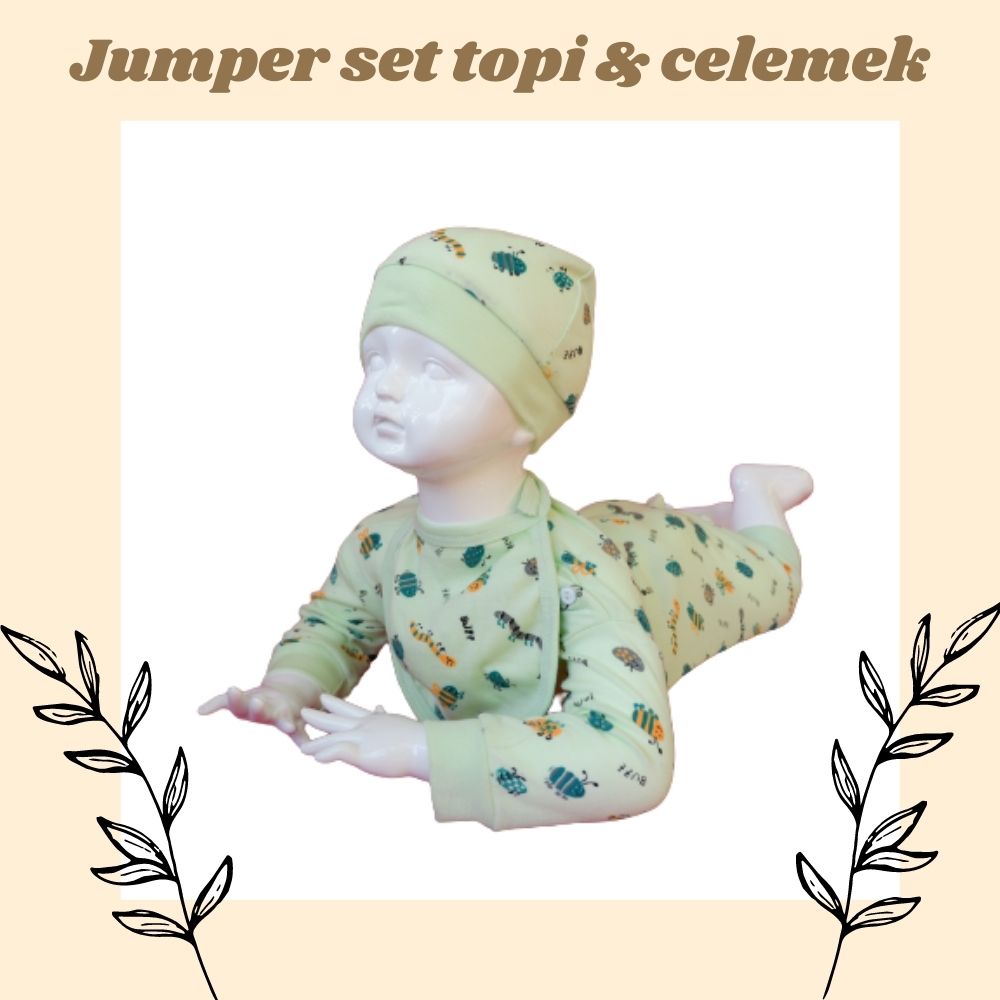 sleep suit karakter set celemek dan topi / baby jumper / baju bayi set