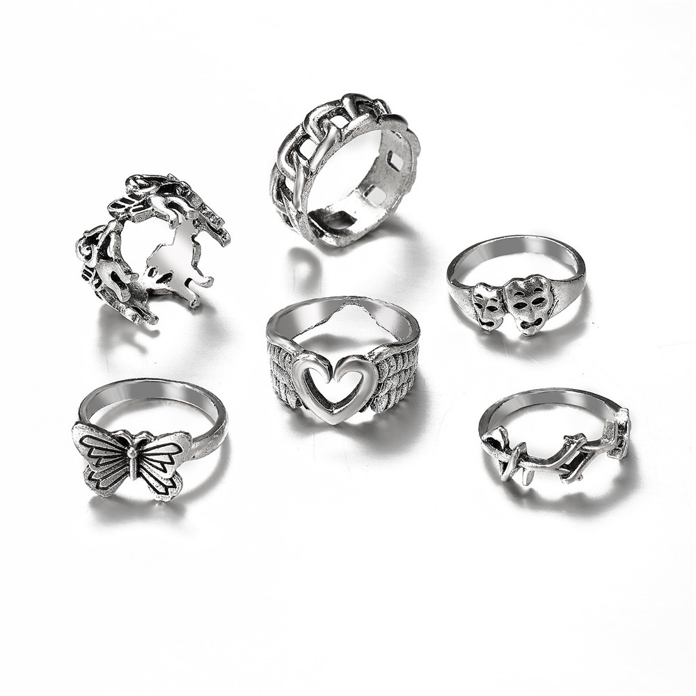 【COD Tangding】6pcs / Set Cincin Silver Joint Model Kupu-Kupu Hati Gaya Retro Kuno Untuk Aksesoris Perhiasan