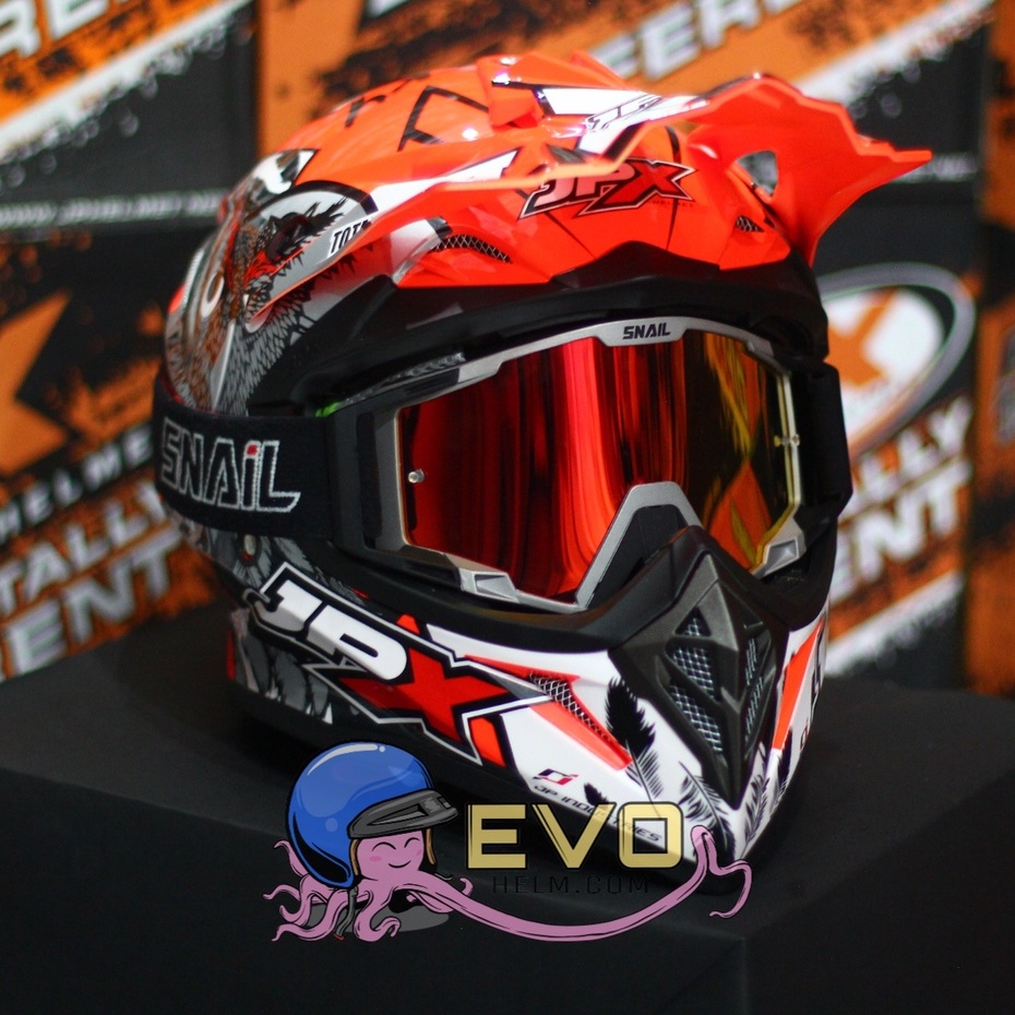 HELM JPX CROSS_FOX1 SERI X13 - FLUO RED GLOSS + GOOGLE SNAIL (ONGKIR 2 KG) JPX X13 STABILO OREN JPX ORANGE HELM CROSS MOTIF BURUNG HANTU JPX OWL HELM JPX TERBARU