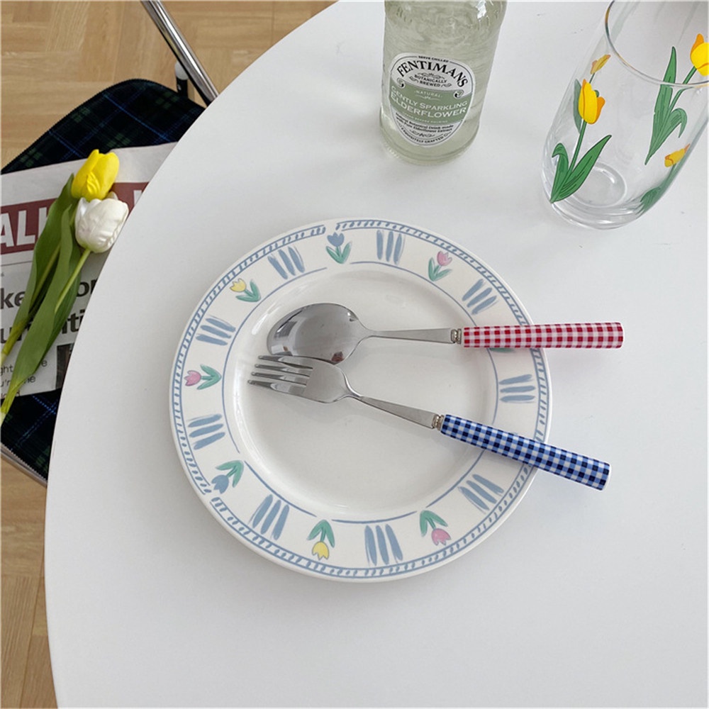 【COD Tangding】Korean INS French Blue and Red Checked Ceramic Handle Tableware Dessert Fork Steak Fork Spoon