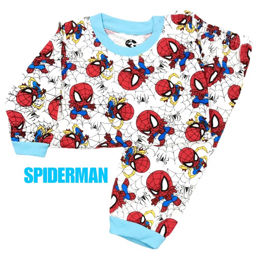 BAJU TIDUR ANAK KIDS LAKI-LAKI/COWOK SETELAN/STELAN BAHAN KAOS KATUN 1-4 TAHUN HERO/SPIDERMAN