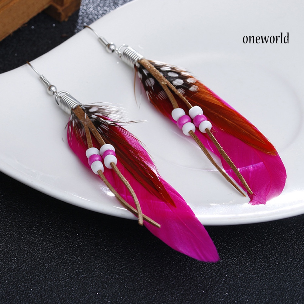 OW@ Bohemian Women Indian Feather Beads Tassel Dangle Hook Earrings Jewelry Gift