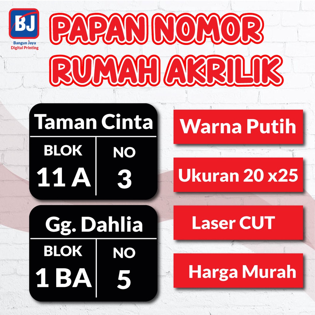 

Papan Nomor Rumah Akrilik / Acrylic / Papan Nomer Rumah Berkualitas Ukuran 20 x 25, Tulisan Putih