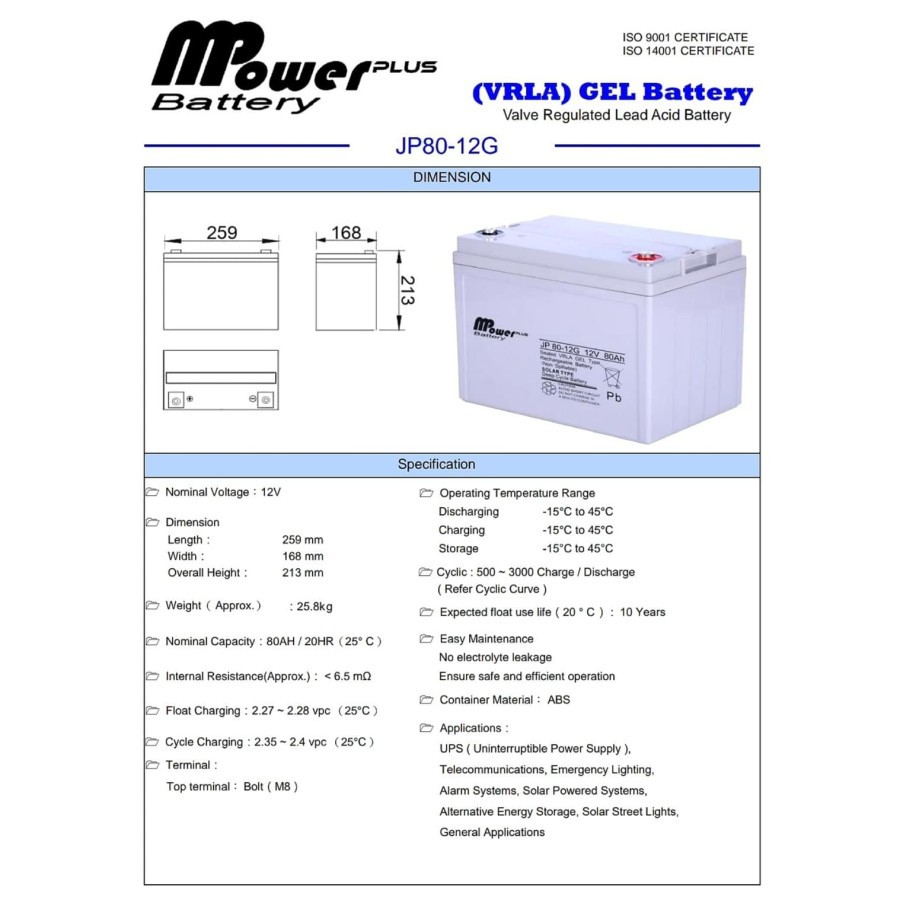 Aki Baterai Vrla MF Backup Ups Solar Mpower Gel 12 V 80 AH JP80-12G