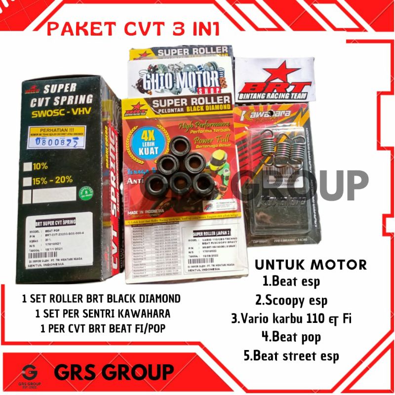 PROMO PAKET CVT 3 IN 1 BEAT FI ESP SCOOPY FI ESP BEAT STREET ESP VARIO KARBU 110 ILD VARIO KARBU 110 CBS SPACY FI/ PAKET ROLLER BRT BLACK DIAMOND BEAT FI PER CVT/SPRING CVT BEAT FI BEAT POP PER SENTRI KAMAPAS GANDA KAWAHARA 1500 RPM PER CVT 1000-2000 RPM