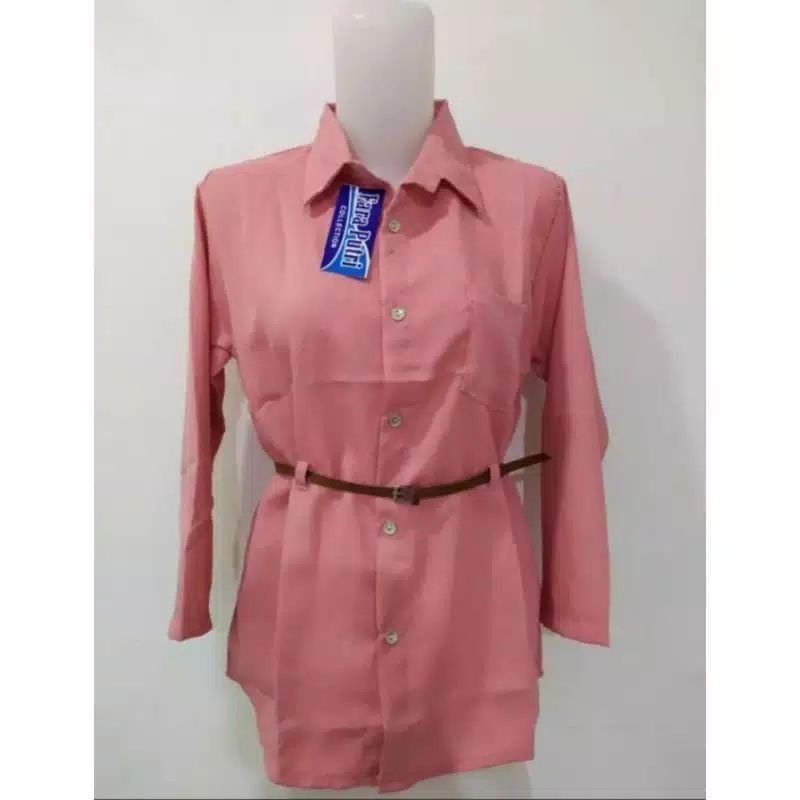 Kemeja Wanita Atasan Blouse Casual Polos Lengan Panjang Kekinian Bahan Moscrep Free belt model Korea-5