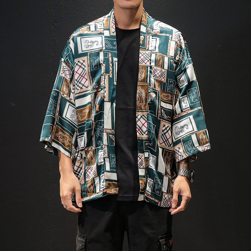 Men Japanese Kimono Cardigan Tops Wear Jacket Coat Retro Baggy Yukata Outwear