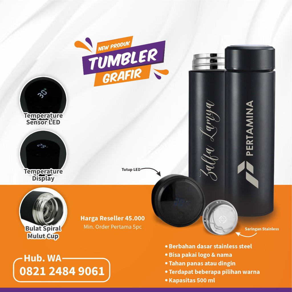 PROMO Custom Botol Minum Kekinian Tumbler LED Suhu Free Grafir Nama Grosir dan Satuan