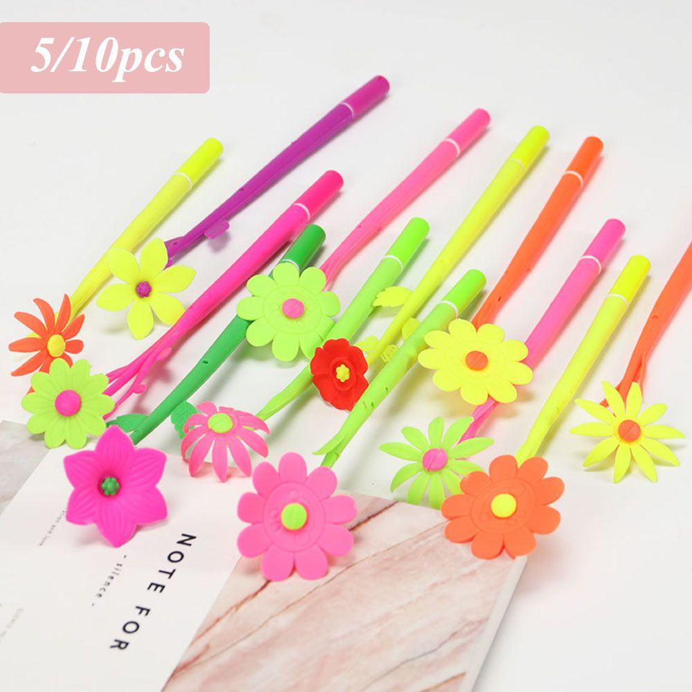 Populer5/10pcs Warna Random Bunga Gel Pen Alat Tulis Warna-Warni Sekolah Tinta Hitam