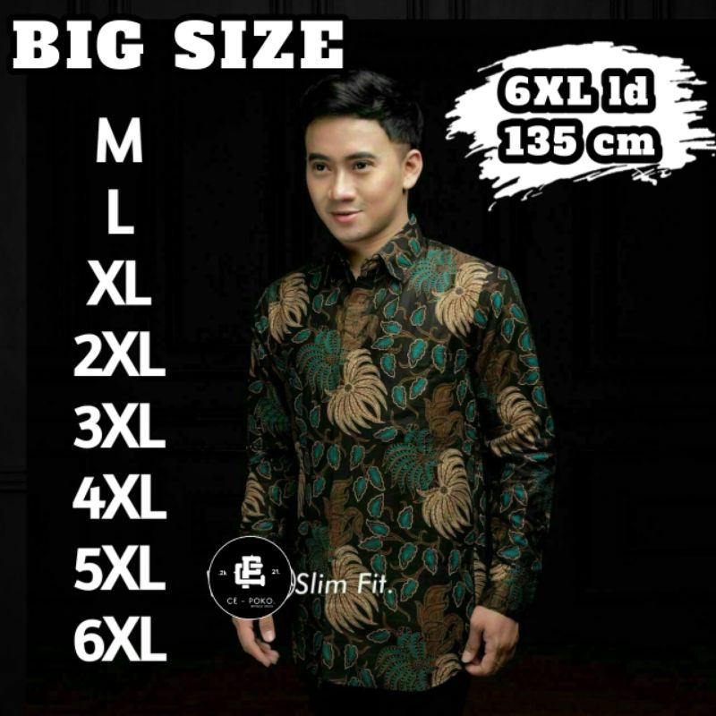 Atasan Baju Kemeja Batik Jumbo Pria Lengan Panjang Kerja Kantor Modern Big Size 6L Ld 135 cm Motif Ranting Hijau