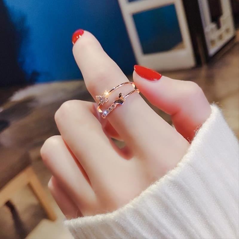 [Harga Grosir]Cincin Model Terbuka Desain Kupu-Kupu Ganda Hias Berlian Gaya Elegan Adjustable Untuk Wanita/Hot Sale