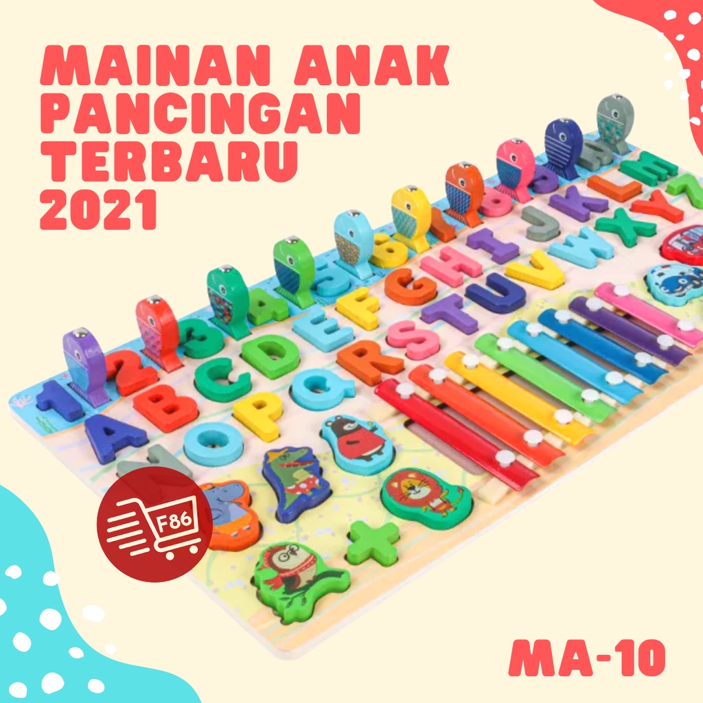 Mainan edukasi murah puzzle kayu ontessori Papan pancing xylophone anak 5 in 1