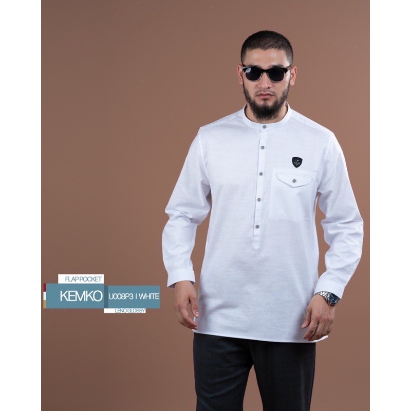 Samase Kemeja Koko Kemko Flap Pocket Panjang | White | Putih | Leno Glossy | U008P3