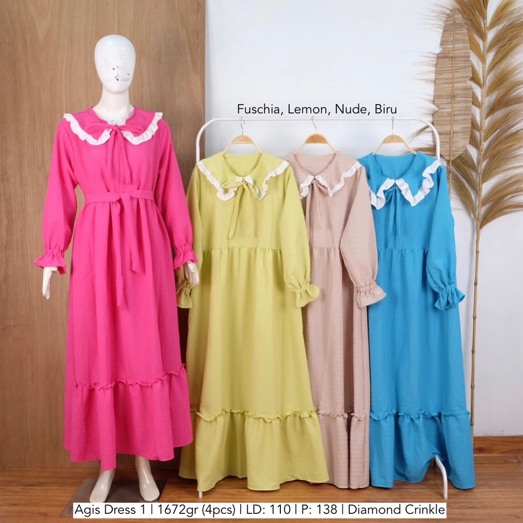 Agis Dress Diamond Crinkle Kerah Renda / Long Dress Diamond Crinkle / Gamis Kekinian Terbaru / Dress