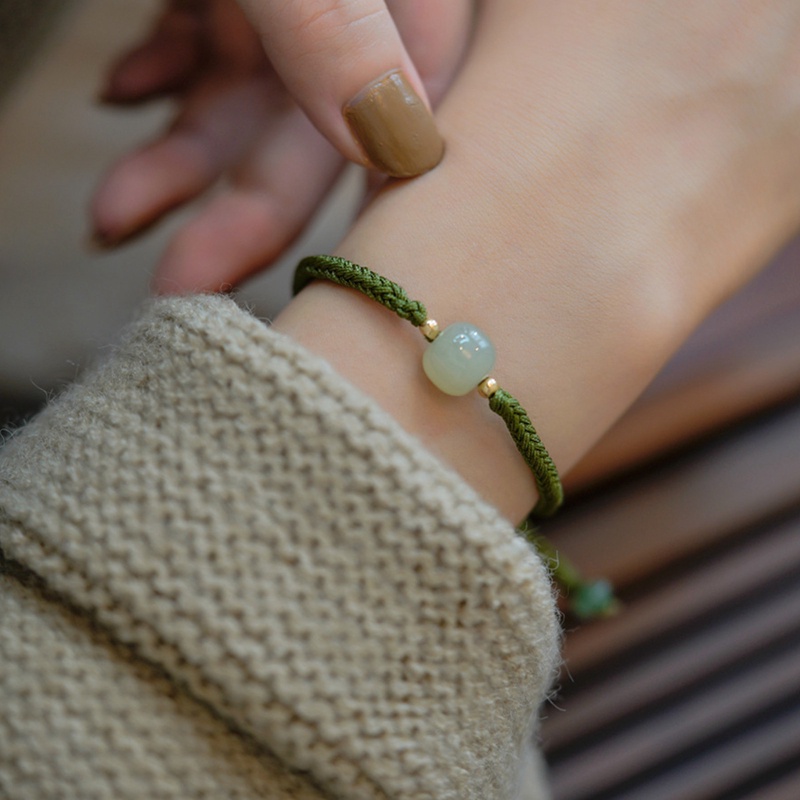 Gelang Tangan Silver 925 Wanita Hias Batu Giok Hetian Alami Gaya Vintage