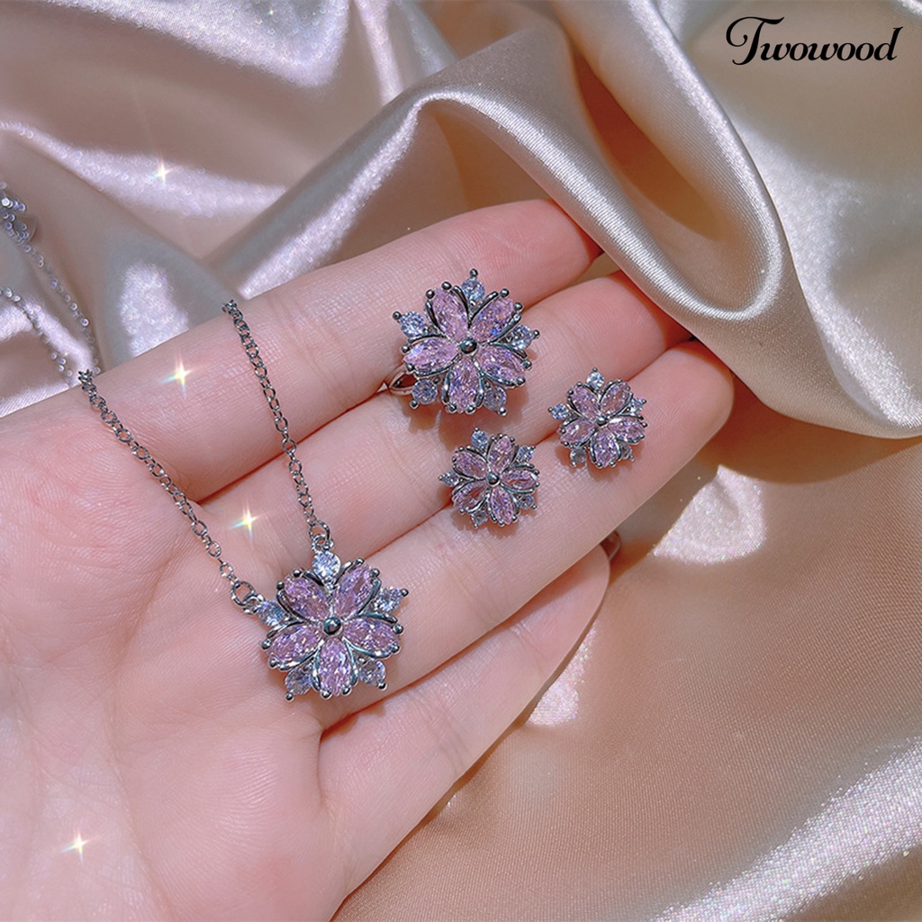 Kalung Dan Anting Stud Bentuk Bunga Model Lapis Ganda Bahan Cubic Zirconia Untuk Wanita