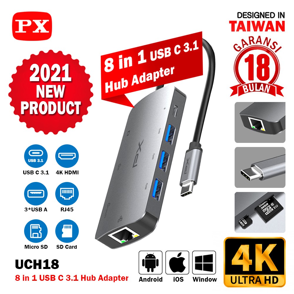 Converter Hub Adapter 8 in 1 4K USB Type C 3.1 USB HDMI PX UCH18