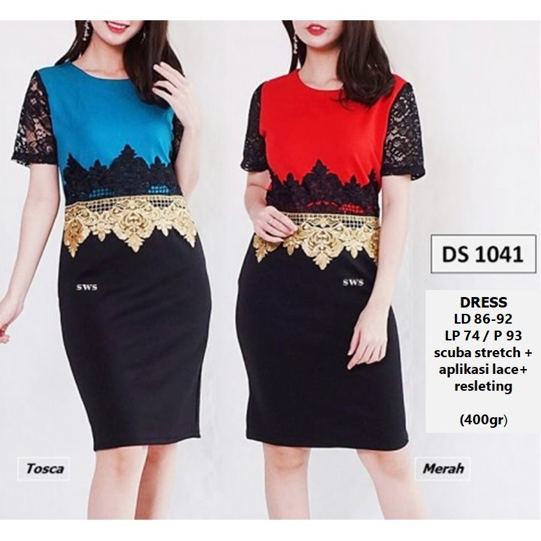 DS1041 - DRESS PESTA DRESS LACE MIDI DRESS SCUBA BRUKAT IMPORT NATAL