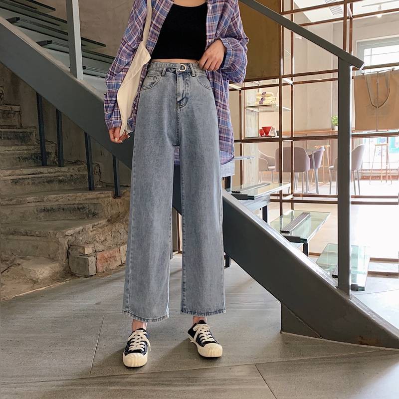 Celana jeans lebar kaki lebar lurus berpinggang tinggi Celana jeans lebar kaki lebar lurus berpinggang tinggi