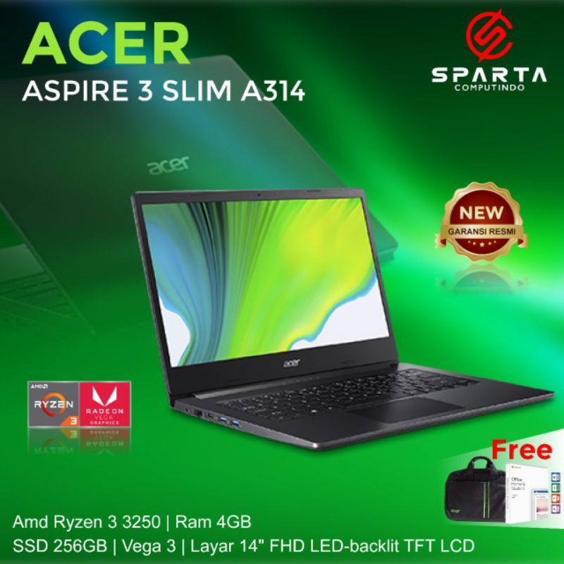 Laptop Acer Aspire 3 Slim A314 Ryzen 3 Ram 4GB SSD 256GB AMD Radeon Graphics