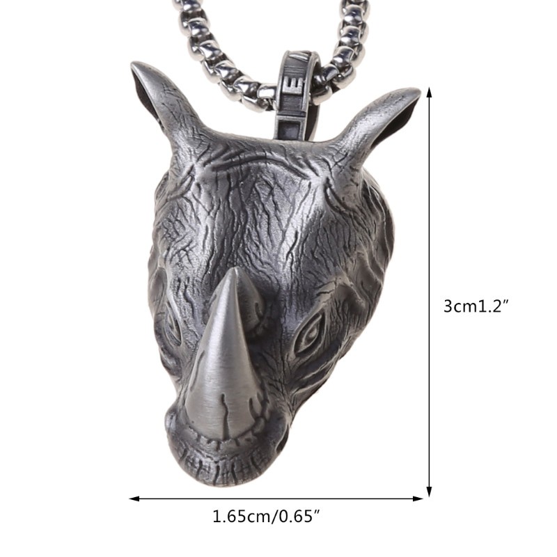 Glitter Vintage Norse Rhinoceros Pendant Necklace for Men Biker Punk Rock Animal Rhino Head Pendants with 24 inch Steel Chain