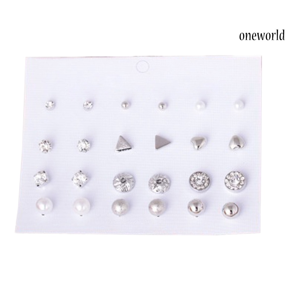 OW@ 12 Pairs Ear Studs Various Shape Rhinestone Women Earrings for Party