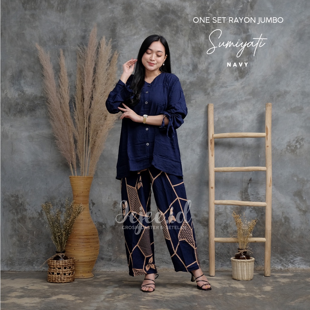SETELAN RAYON JUMBO LD 120 CM BIG SIZE SUNDARI SET PIYAMA TIE DYE LENGAN PANJANG KANCING-SUMIYATI-NAVY