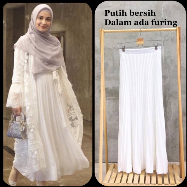 ROK PLISKET PUTIH FURING 256 PREMIUM HYGET WHITE PINGGANG KARET SKIRT PANJANG MAXI FLARE MAYUNG