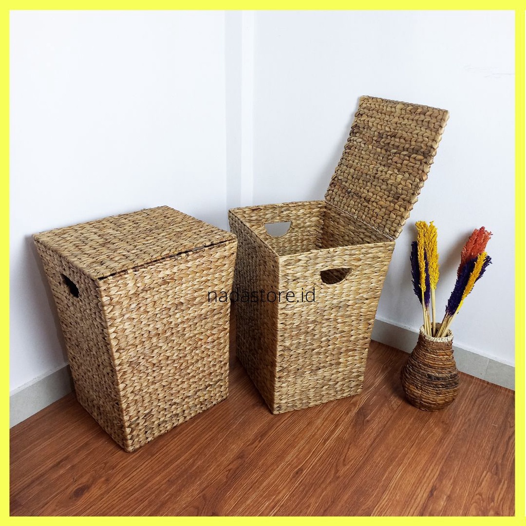 NADASTORE - WATER HYACINTH HANDWOVEN LIDDED LAUNDRY BASKET STORAGE FLIP COVER / KERANJANG BAJU ROTAN ANYAMAN ENCENG