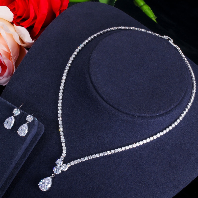 Luxury Zircon Waterdrop Pendant Neckalce Earrings Set Wedding Jewelry