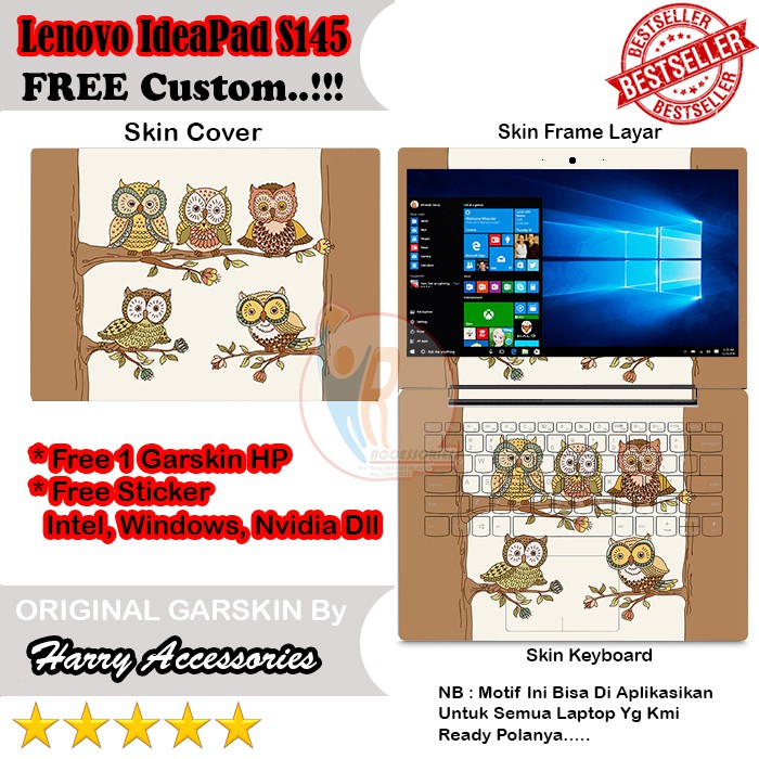Original Garskin Laptop Full Body Lenovo IdeaPad S145 14inch Motif Owl Bisa Custom Gambar Kamu