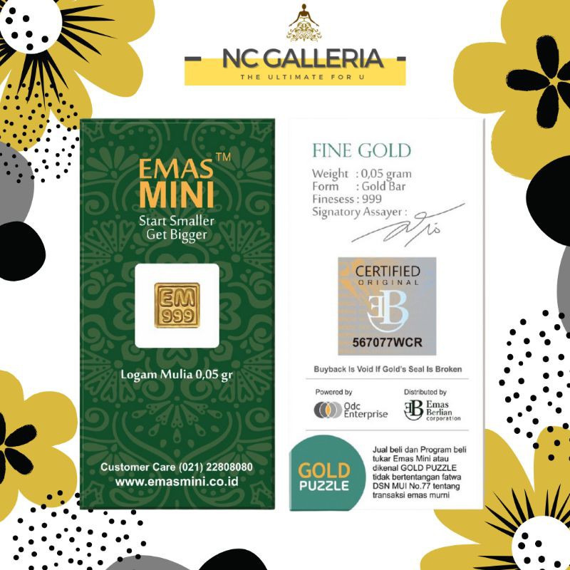 emas mini 0.05 gram logam mulia24 karat + dompet emas spundbon