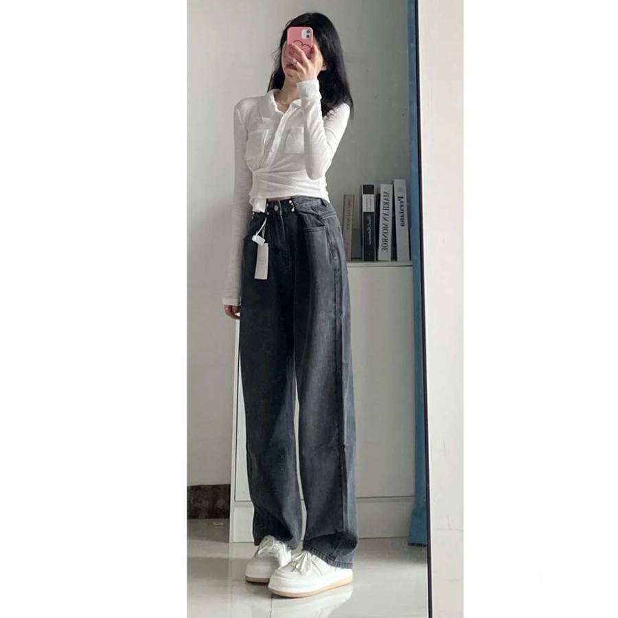 Korean New Women's Loose High Waist Wide Leg pengait celana jeans