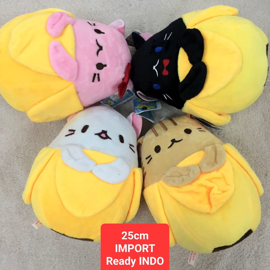 Boneka Kucing Jepang kawai import Pisang kuning hitam pink putih oren