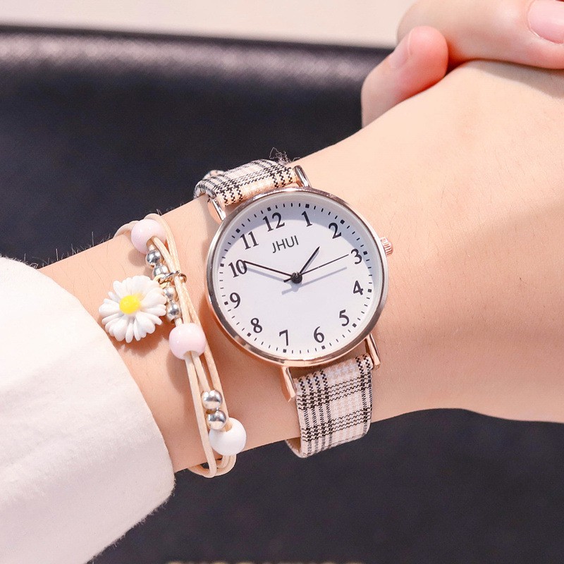 Jam Tangan Analog Wanita Quartz Strap Pu Leather Motif Kotak-Kotak Fashion Wanita Korean Watch