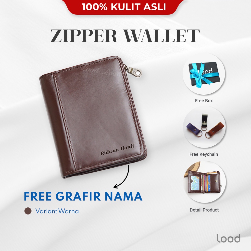 DOMPET KULIT ORIGINAL 100% PRIA WANITA UNISEX ZIPPER WALLET - GRATIS UKIR NAMA