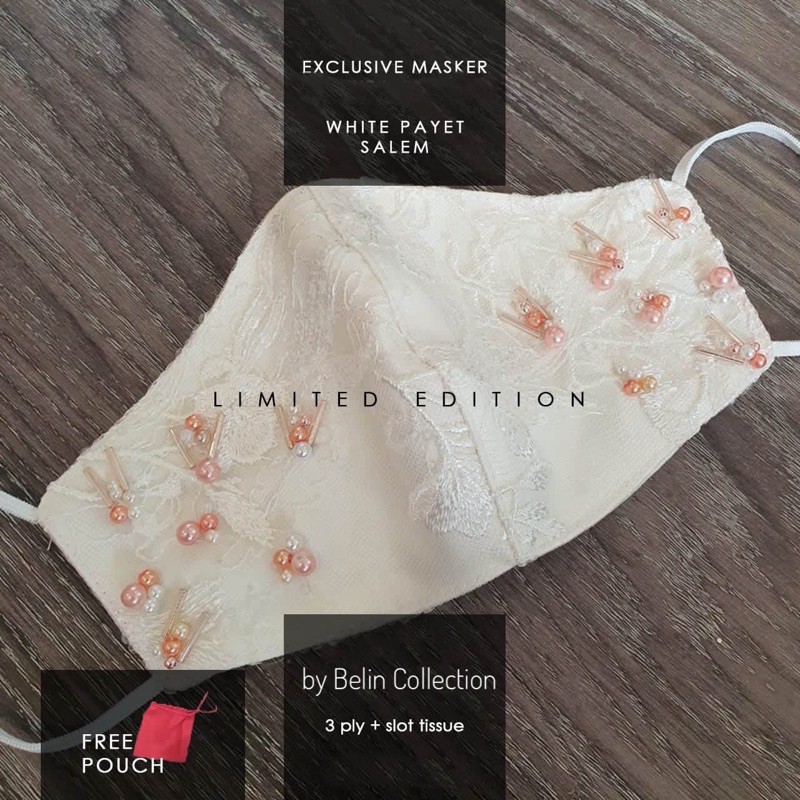 Masker Kain Brokat Premium Pesta 3ply | Pengantin Putih Payet Salem