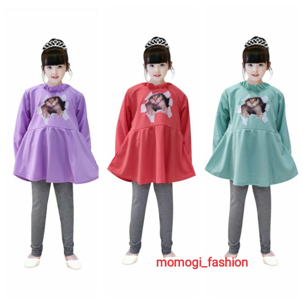 MOMOGI- SETELAN ANAK PEREMPUAN BABYDOLL/SETELAN SABLON DTF KUCING /Usia 5-10thn