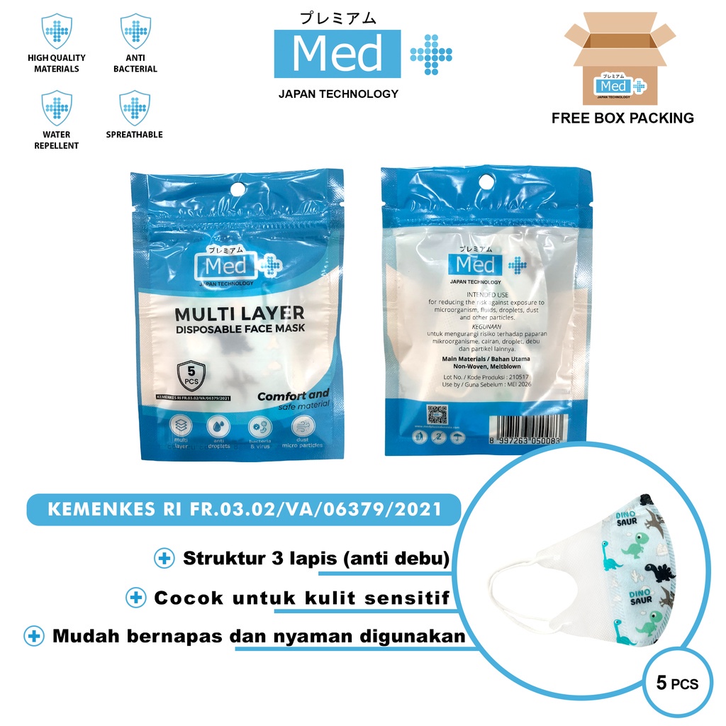 Med+ Masker Earloop Headloop 3Ply Disposable Facemask Original Sekali Pakai Isi 50Pcs (Kemenkes)-Duckbil Anak isi5