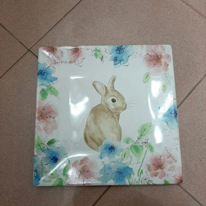 DINNER PLATE PIRING KERAMIK KOTAK SANGO HIAS CANTIK MOTIF BUNGA KELINCI SHABBY PAJANGAN HIASAN