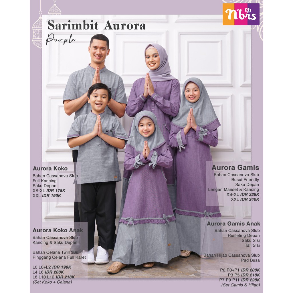 NIBRAS SARIMBIT AURORA GAMIS PURPLE  KOKO ABU BAHAN CASSANOVA SLUB BAJU COUPLE LEBARAN KELUARGA SERAGAM MUSLIM SYARI