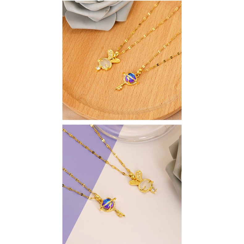 Perhiasan Liontin Lapis Emas Asli Kadar 375 Bentuk Kelinci Aksen Zirkon Starry Sky Biru Untuk Wanita
