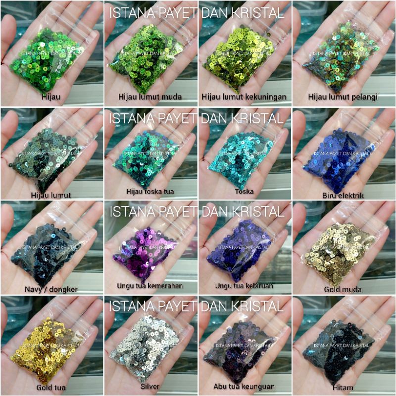 Sequin (payet piringan) datar 4mm hijau, toska, biru, ungu, abu abu, hitam, gold & silver