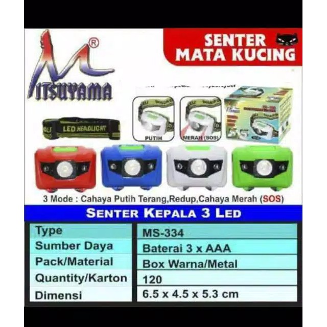 Senter kepala / Headlamp LED Mitsuyama MS-334 Camping / Outdoor